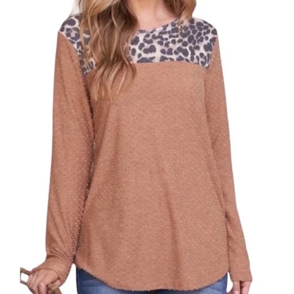 Swiss Dot Top Leopard Contrast Long Sleeve